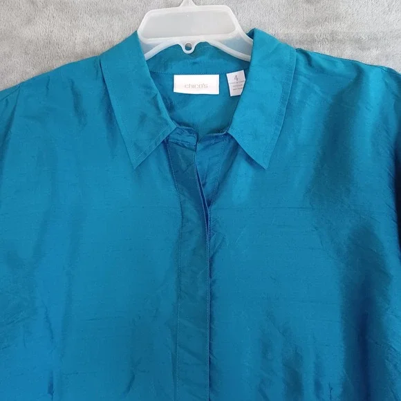 Chicos Sz 4 / 20 Shirt Taffeta Silk Button Down Blue Collared Sheen Evening - Picture 3 of 9